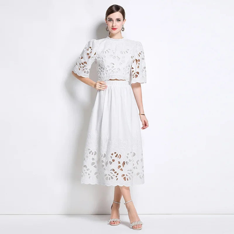 Summer Short Sleeve A-LINE Set Skirt for Women Fashion Ruffled Collar Embroidery Set Skirt Women Vestidos De Verano Mujer Q344