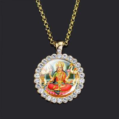 Shiva Parvati Necklace Hindu God Jewelry Vishnu Lakshmi Glass Rhinestone Pendant Chain Necklace Hinduism Jewelry