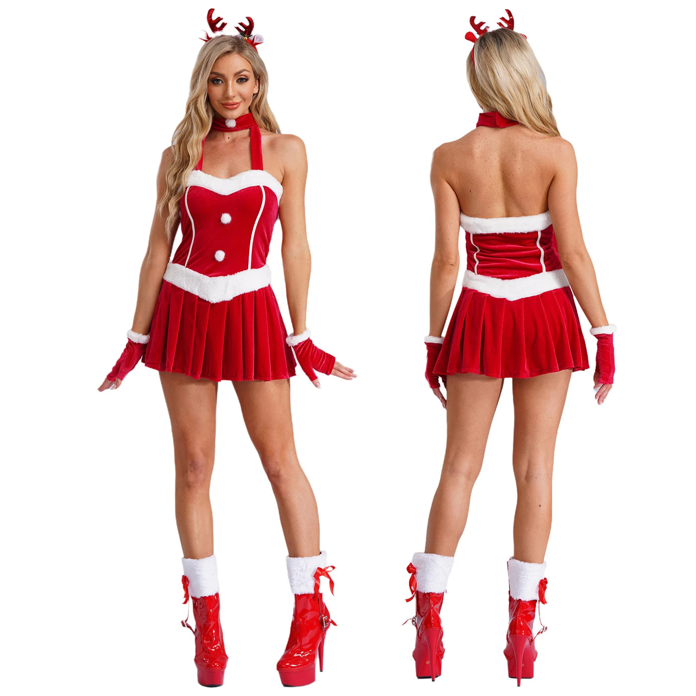 Women Sexy Lingerie Christmas Costume A-line Cami Dress with Arm Sleeves Choker Headwear Carnival Rave Party Role Play Clubwear
