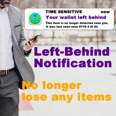 Slim leather wallet with metallic clasp, black interior, and iPhone Find My tracker card