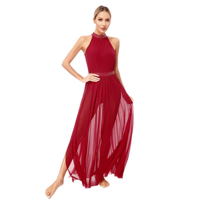 Women Lyrical Contemporary Ballroom Modern Dance Costume Dancing Prom Gown Side Split Maxi Dress for Ballet Gymnastics Skating