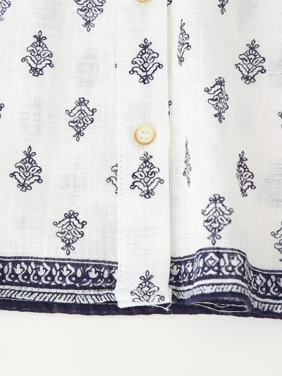 Women's Puffy Sleeve Linen Printed Top