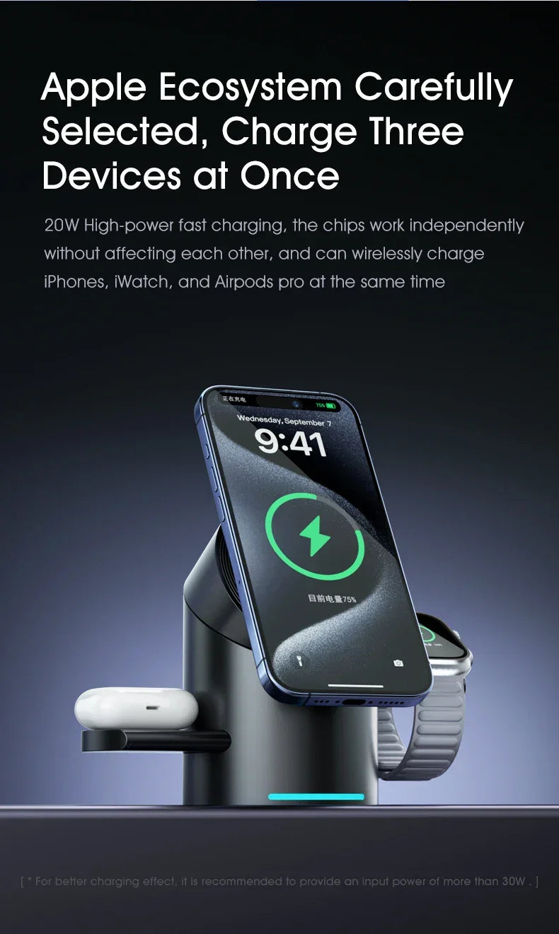 3 in 1 Wireless Charging Station for iPhone16/15/14/13/12 AirPods iWatch for Magsafe Rotation qi2 15W Fast Charging Station