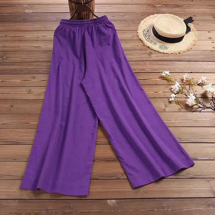 Women Wide Leg Pants Solid Loose Length Pants Cotton Linen Elastic Waist Casual Pants Vintage Mid Waist Pants 5XL