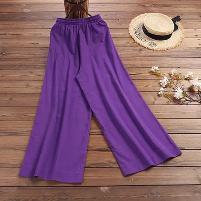 Women Wide Leg Pants Solid Loose Length Pants Cotton Linen Elastic Waist Casual Pants Vintage Mid Waist Pants 5XL