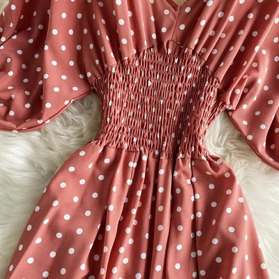 V Neck Sexy Dolman Sleeves Waist Slim Polka Dot Print Jumpsuit Women Wide Leg Trousers Jumpsuit