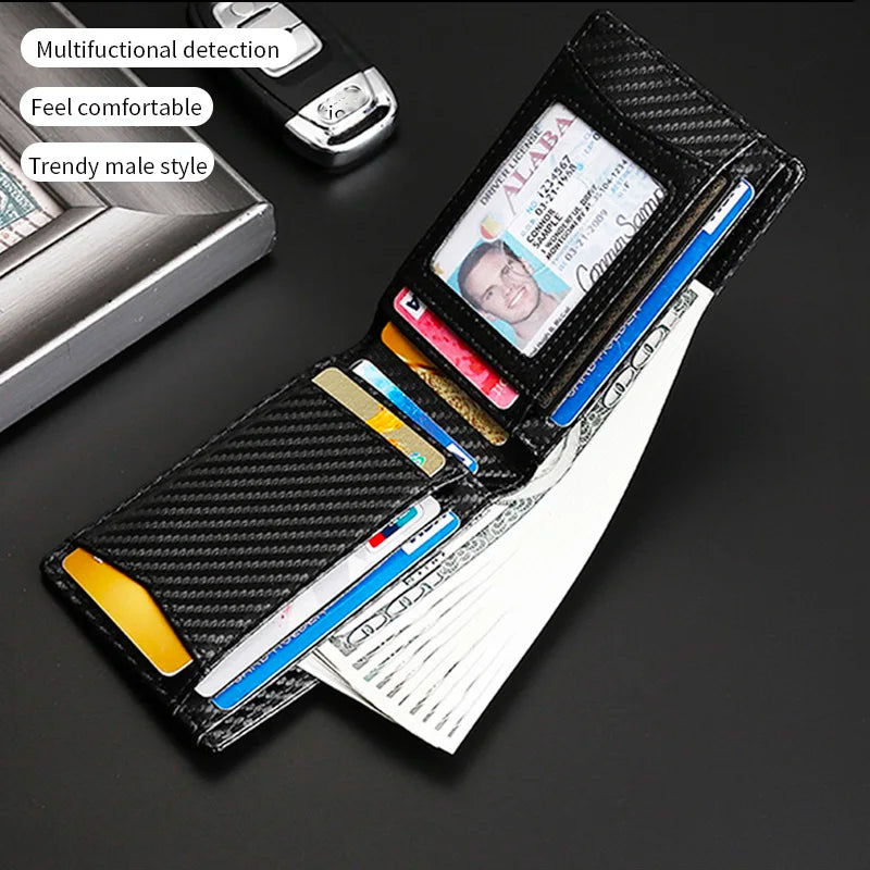 Slim black carbon fiber wallet with RFID blocking and AirTag pocket