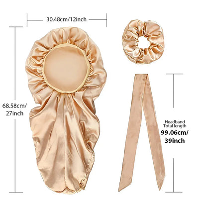 3pcs Long Bonnet Set Long Bonnet Satin Bonnet Silk Bonnet Extra Large Bonnets Silk Hair Bonnet long streamer nightcap