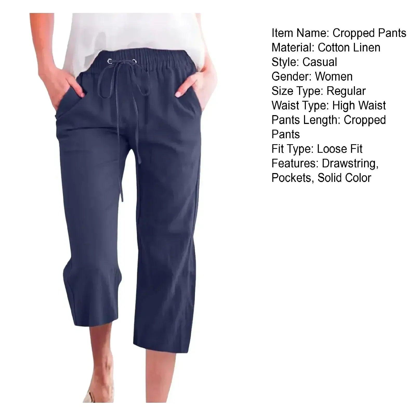 Women’s pants cotton linen harem cropped women drawstring lady pocket trousers loose ropa mujer juvenil