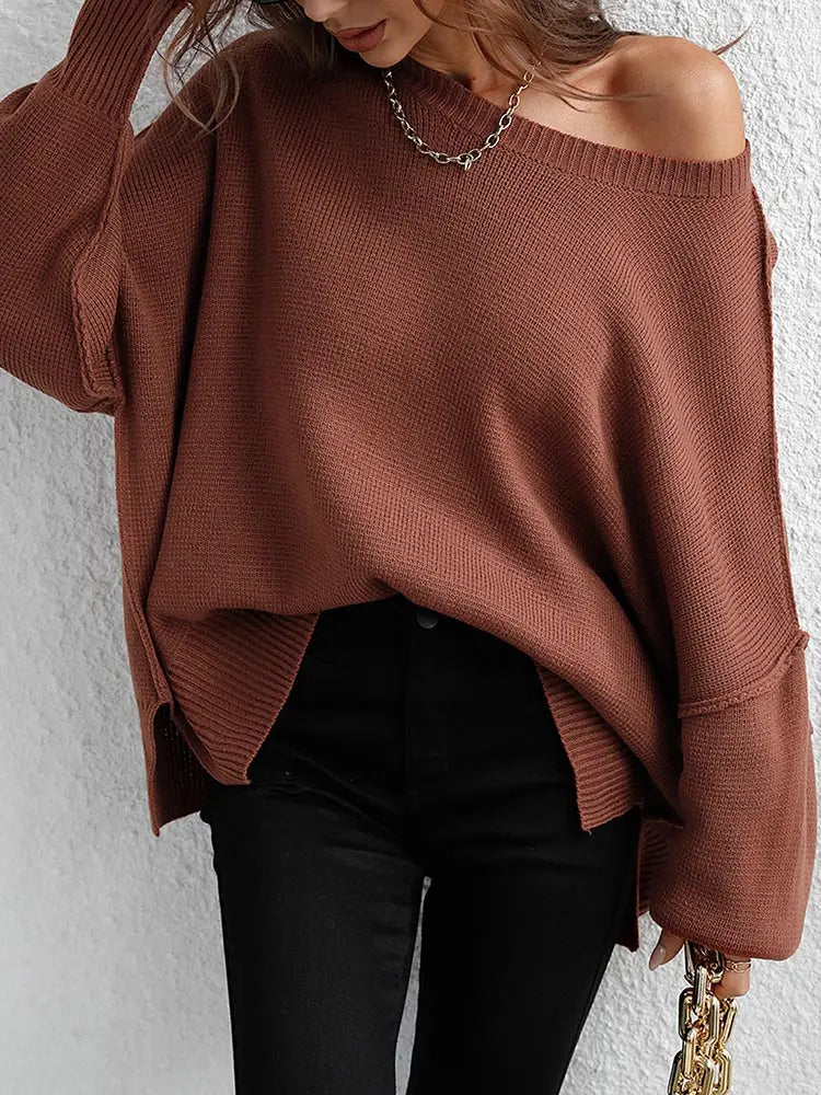 Fashion Oversized Sweaters For Women 2025 Autumn Loose O Neck Knit Sweater With Split Pull Knitted Pullover Women Oversize Grey