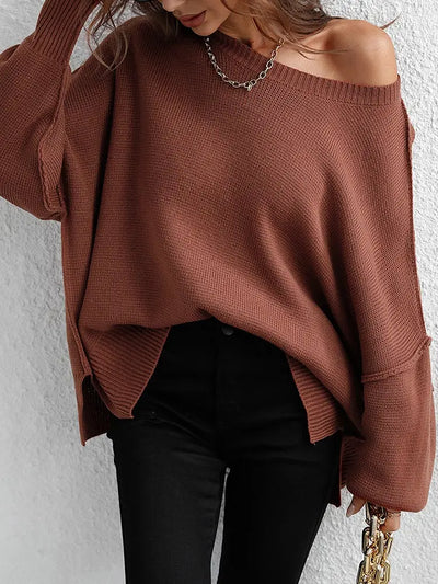 Fashion Oversized Sweaters For Women 2025 Autumn Loose O Neck Knit Sweater With Split Pull Knitted Pullover Women Oversize Grey