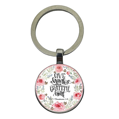 Give Thanks With A Grateful Heart Bible Verses Keychain Glass Scripture Quote Jewelry Christian Faith Keyring Thanksgiving Gifts