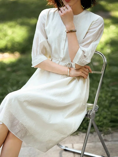 Designer Summer Dress Women O-Neck Silk Half Sleeve High Waist Elegant Party Dress White