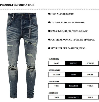 Fashionable new men's jeans with pleated elastic slim fit, retro washed blue jeans, high street designer hip-hop brand pants, ho