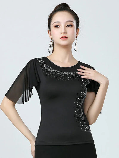 Adult Women Modern Dance Dress Social Dancewear Short Sleeve Mesh Fairy Top Large Swing Skirt Performance Dancing Costume