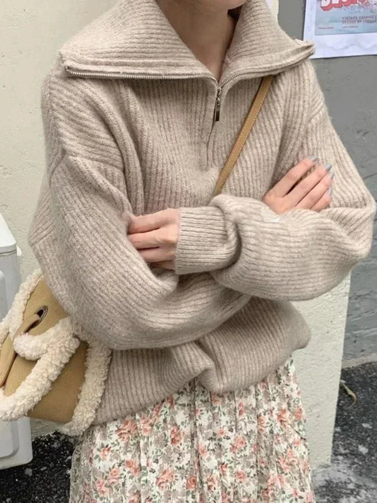 Women's Sweaters 2025 Autumn Winter Long Sleeve Top Loose Knitted Turtleneck Zipper Fashion Pullover Women Oversized Sweater