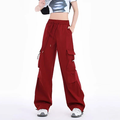 American Drawstring Fashion Women's Pants Casual Pocket Cargo Pants Female Straight Baggy Outdoor Sweatpants Red Apricot Khaki