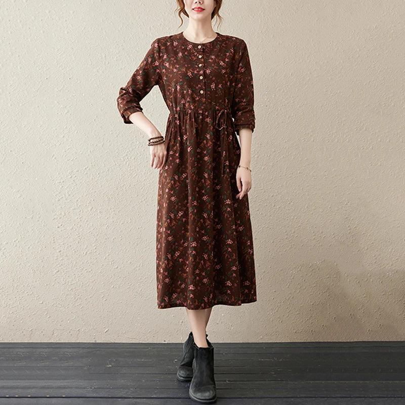 Long Sleeve Cotton Linen Vintage Floral Print Dresses For Women 2025 New Spring Autumn Casual Dress Robe Femme Elegant Clothing