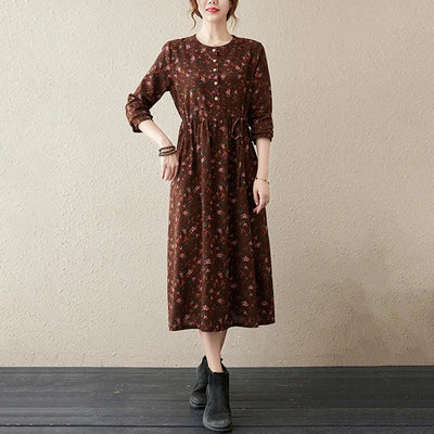 Long Sleeve Cotton Linen Vintage Floral Print Dresses For Women 2025 New Spring Autumn Casual Dress Robe Femme Elegant Clothing