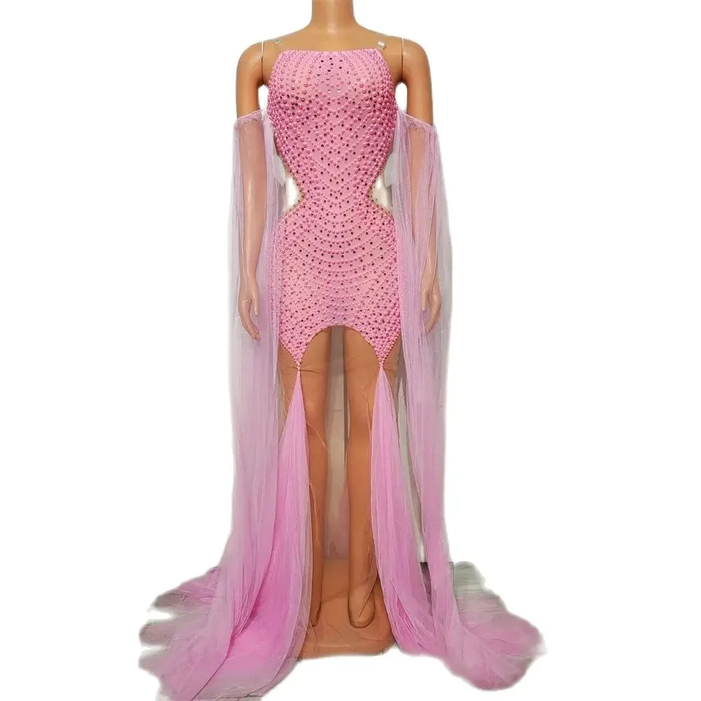 Pink Rhinestones Pearls Dress For Women