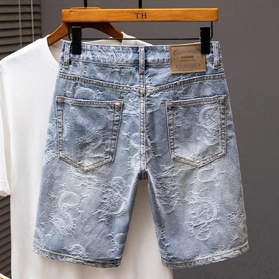 2024 New Men's Denim Shorts Fashion Printed Designer Jeans Personality High Street Straight Male Clothes Short Pants