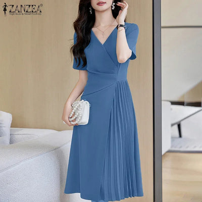 Summer Women Elegant OL Work Sundress V Nek Party Dress 2024 ZANZEA Fashion Short Sleeve Robe Femme Solid Pleated Midi Vestidos