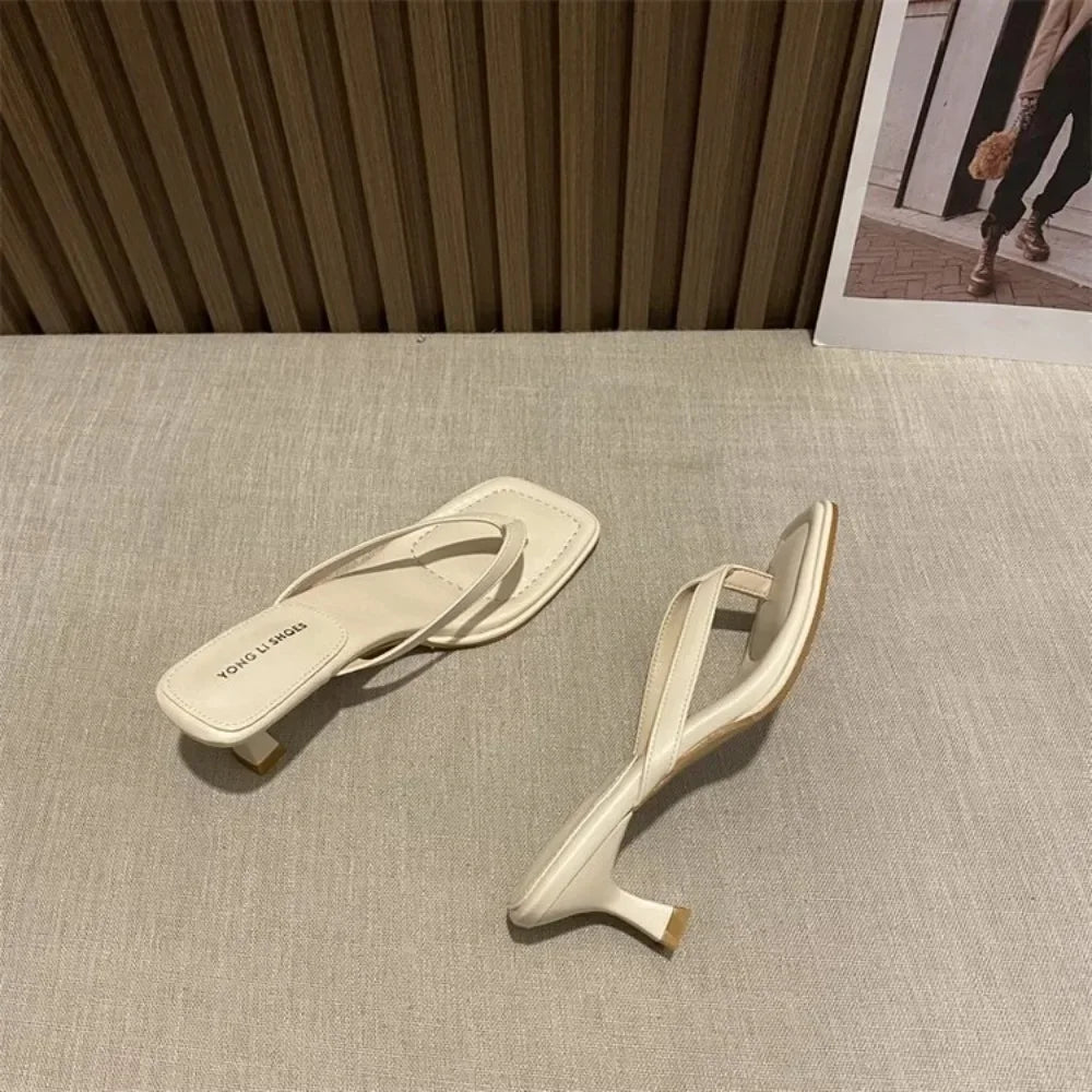 Flip Flops Women Summer Outside New Square Head Slim Heel Sandals Fashion Clip Toe Slippers Women Sandals Pantuflas De Mujer