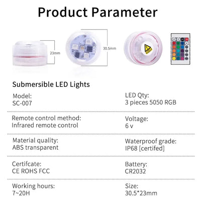 3Leds RGB LED Underwater Light Submersible Night Lamp Battery Powered Garden Swimming Pool Light For Wedding Party Vase Bowl