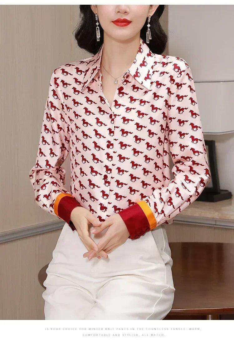 Women satin silk shirts g horse print