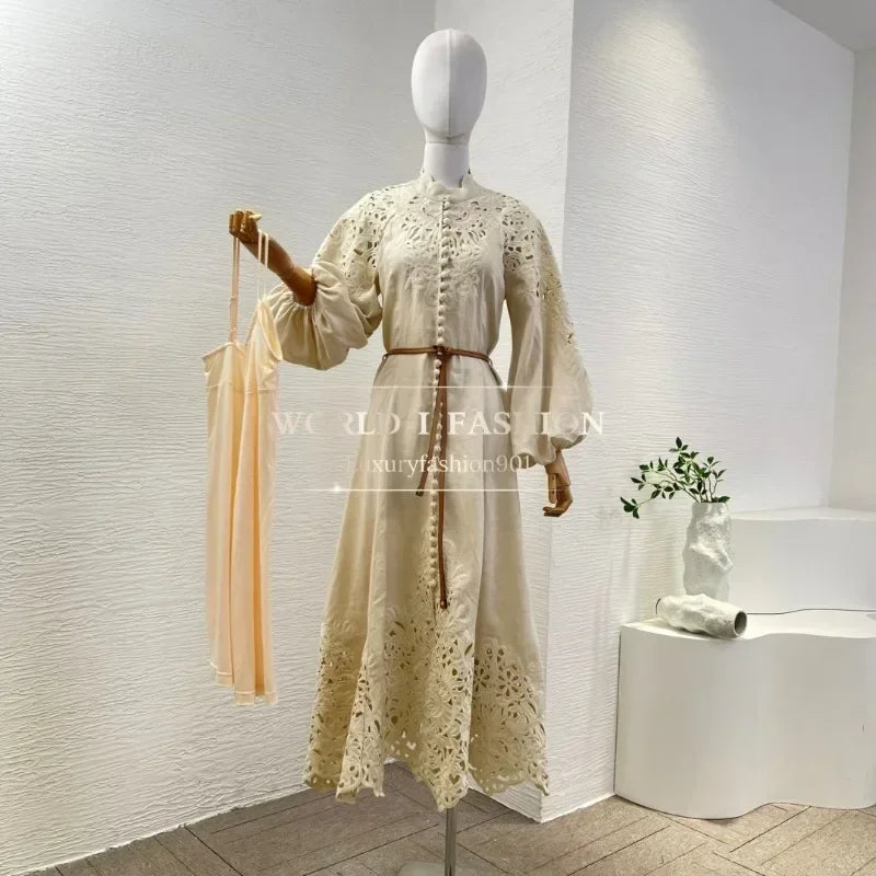 2025 Slik Beige Long Sleeve Midi Dress for Women