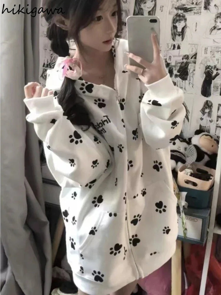 Print Hooded Hoodies 2025 Women Clothing Streetwear Oversized Jackets Ropa Mujer Casual Fashion Zipper Japanese Y2k Sweatshirts