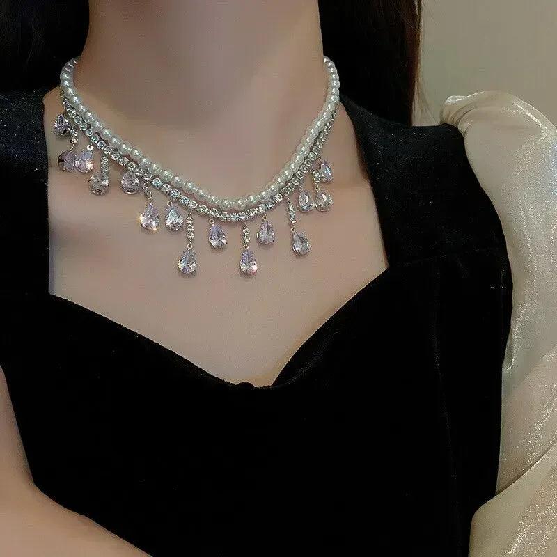 Luxury rhinestone crystal chokers necklaces for women multilayer imitation pearl chain necklace party wedding jewelry