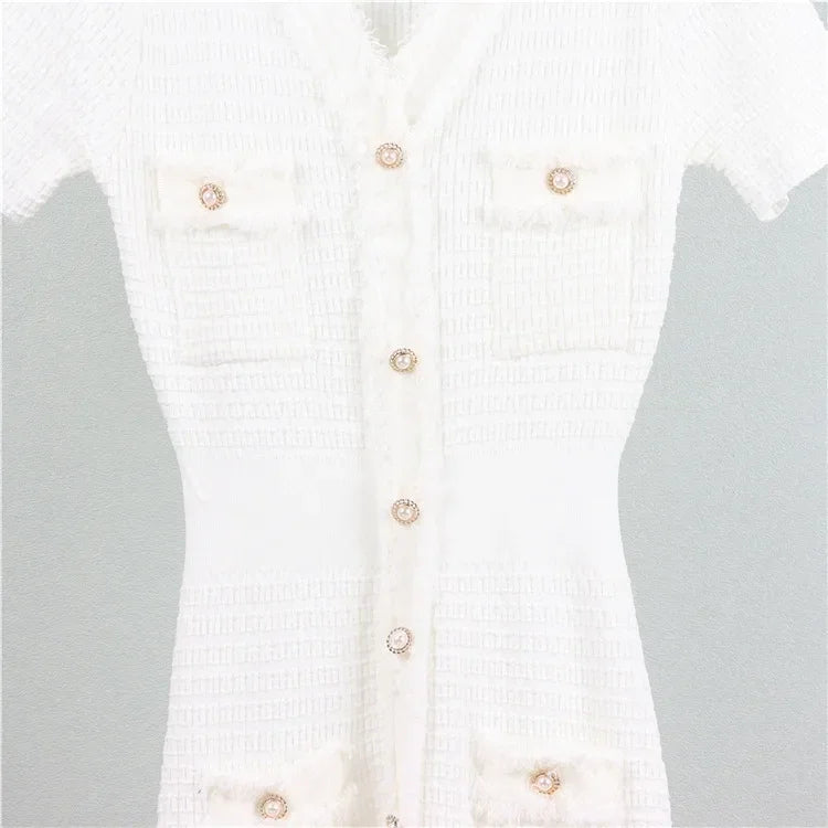 Summer Women Simple White Black Dresses Office Sheath Pencil Midi Dress Elegant Knitted Bodycon Party Casual Vestido