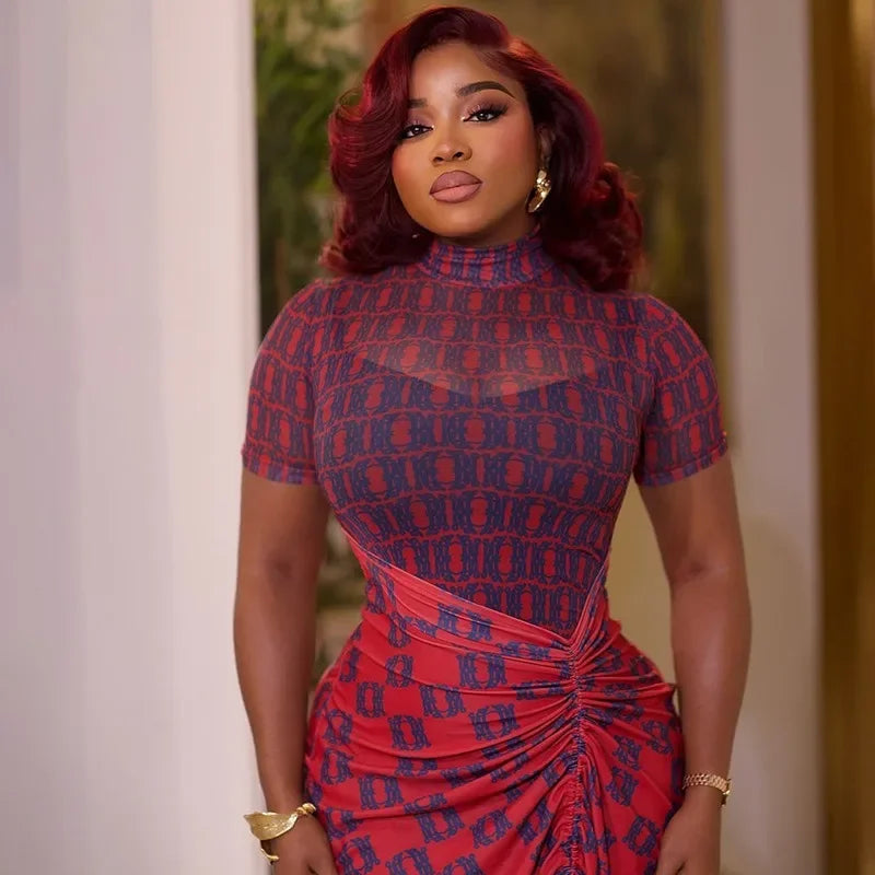 Women Turtleneck Elegant Short Sleeve Maxi Dress Outfits Casual Fashion Bodycon Sheer Pleated Long Dresses Vestido