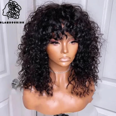 Curly Human Hair Wigs Machine Made Scalp Top Wig With Bangs  200% Density Shoulder-Grazing Curly Wig with Wispy Bangs