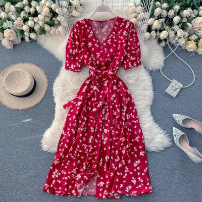 Korean Red elegant sexy Dress women Summer Autumn V-neck polka dot midi dress waist split dress vestidos de fiesta clothes