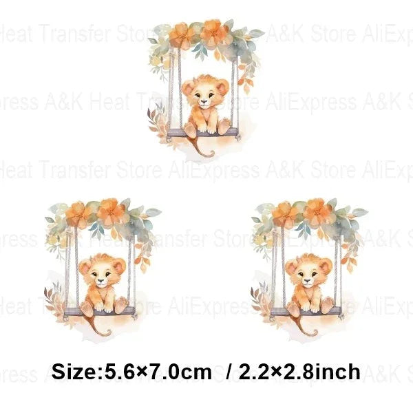Baby Animal On Swings Heat Transfers For Kids Clothing Elephant Tigers Lion Stickers On Clothes Diy Thermal Patches Decals