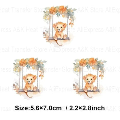 Baby Animal On Swings Heat Transfers For Kids Clothing Elephant Tigers Lion Stickers On Clothes Diy Thermal Patches Decals