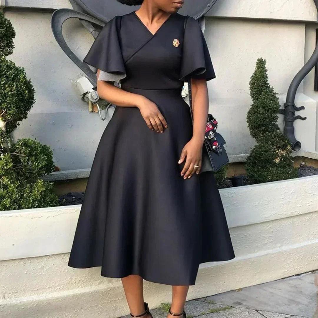 Elegant party dresses for women v neck ruffles sleeve high waisted pleated mid calf luxury birthday dinner vestidos