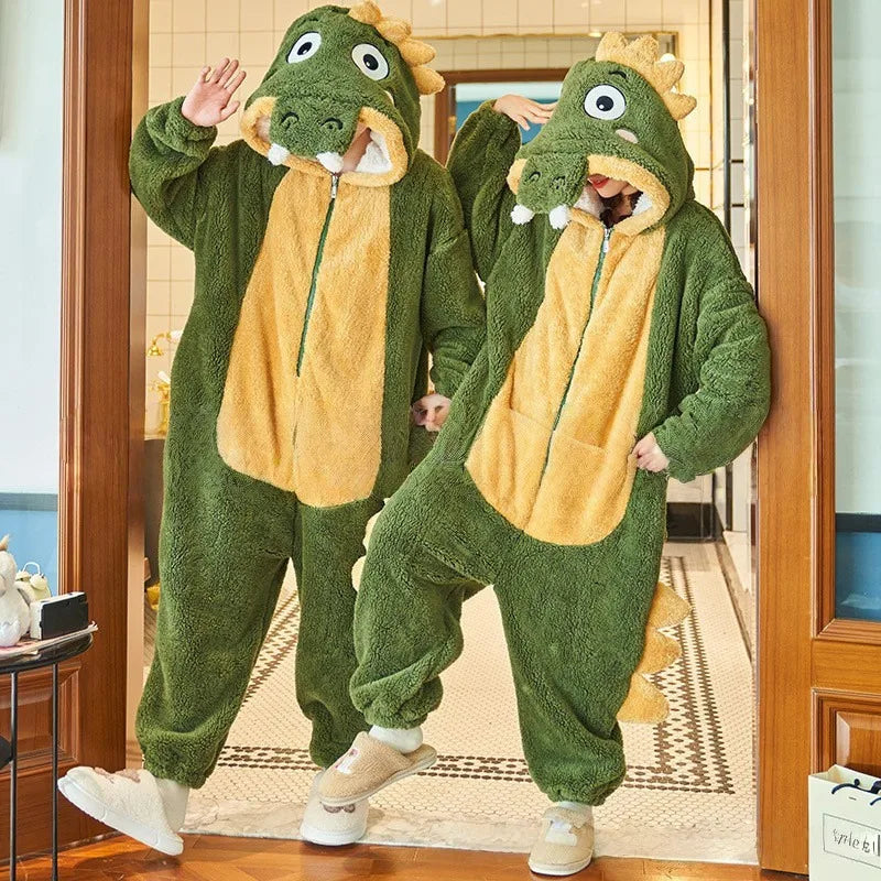 Cute Animal Pajamas for Men Women Winter Flannel Hooded Pajamas Crocodile Capybara Giraffe Cow