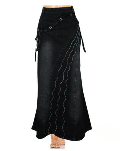 Long Skirt High Waist Vintage Print Women 2024 Autumn Temperament Patchwork Pocket Big Swing Female Denim Fishtail Skirts