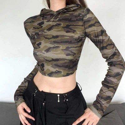American Camo Streetwear Tops Women Back Hollow Out