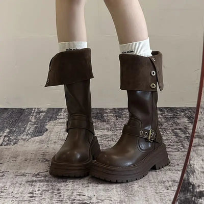 Women's Knee-High Boots Fashion Lapel Casual Leather Boots Non Slip Platform Boots for Women Trendy Knight Boot Botas Mujer2025