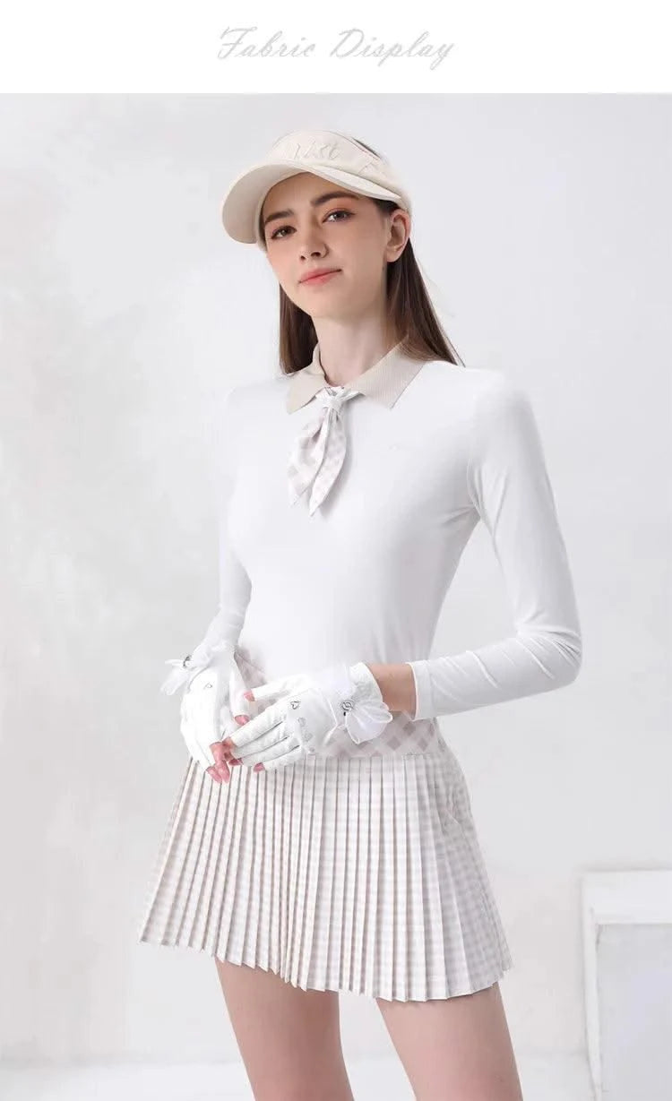 Women's Golfwear for  Slim-Fit Long-Sleeve Top with Polo Collar and Bow Tie, High-End Golf Hundred-Pleat Skirt Suit