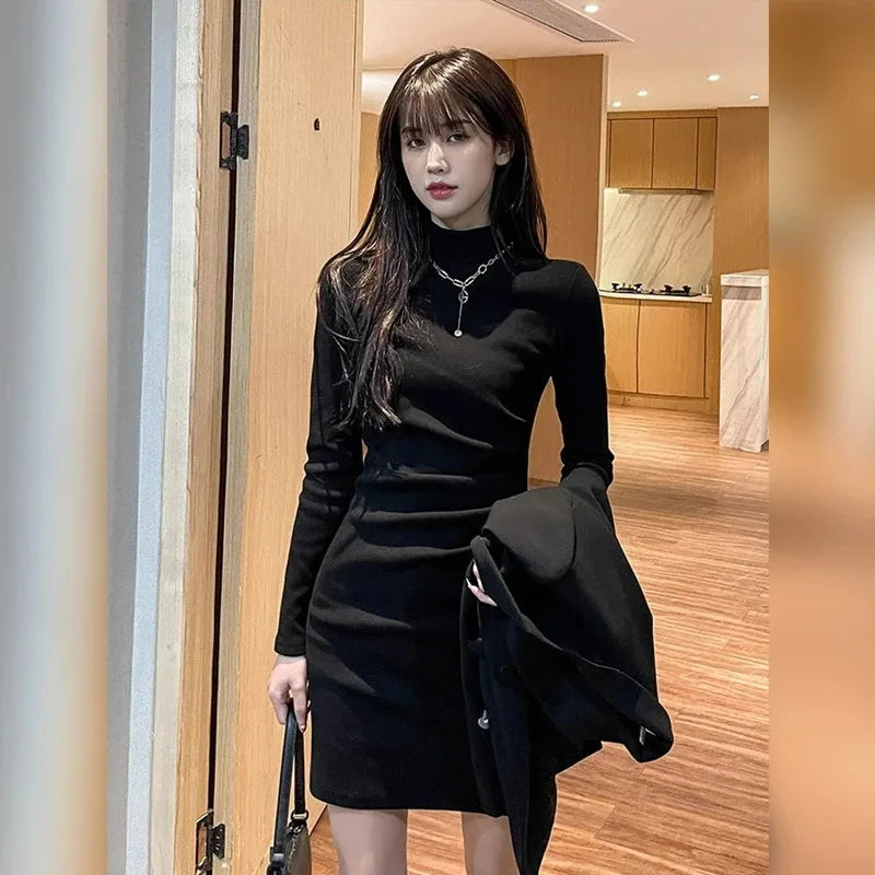Half Turtleneck Dress Women's Autumn Winter Clothing Covering Flesh Slimming Long Sleeve Hip-covering Bottoming Skirt Trendy