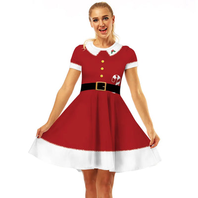 Merry Christmas Women Dress Graphics Stripe Christmas Elf Printed Dress Disguise Adult Xmas Cosplay Costume Holiday Party Wear