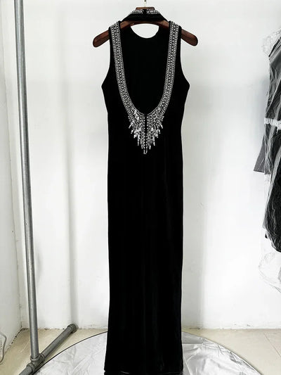 HIGH STREET Newest Fashion 2025 Designer Party Vestido Women's Diamonds Beading Sleeveless Sexy Backless Velvet Long Maxi Dress