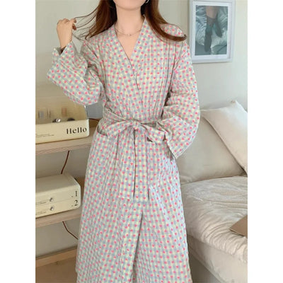 bathrobe women's bathing love plaid loose long sleeve long kimono V-neck lace up trousers nightgown sexy robe women's girl