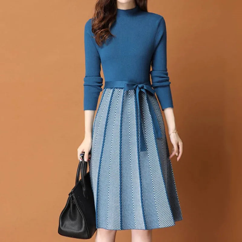 Sweater Dress Fall Winter patchwork Long Sleeve Women Elegant Knitted A-Line pleated Dress Female Korean Lace-Up Vestidos 2023