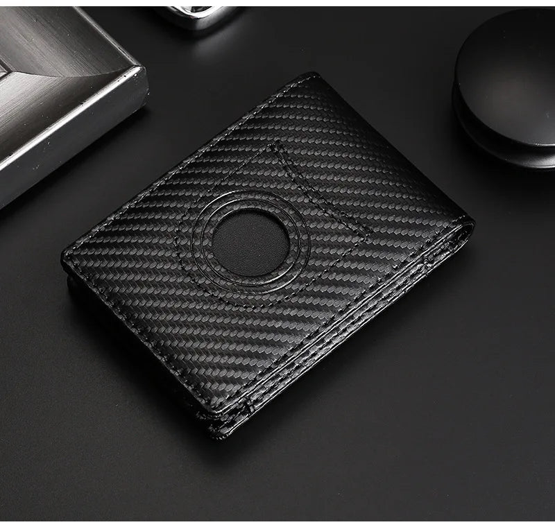 Slim carbon fiber wallet with AirTag pocket and textured cutout